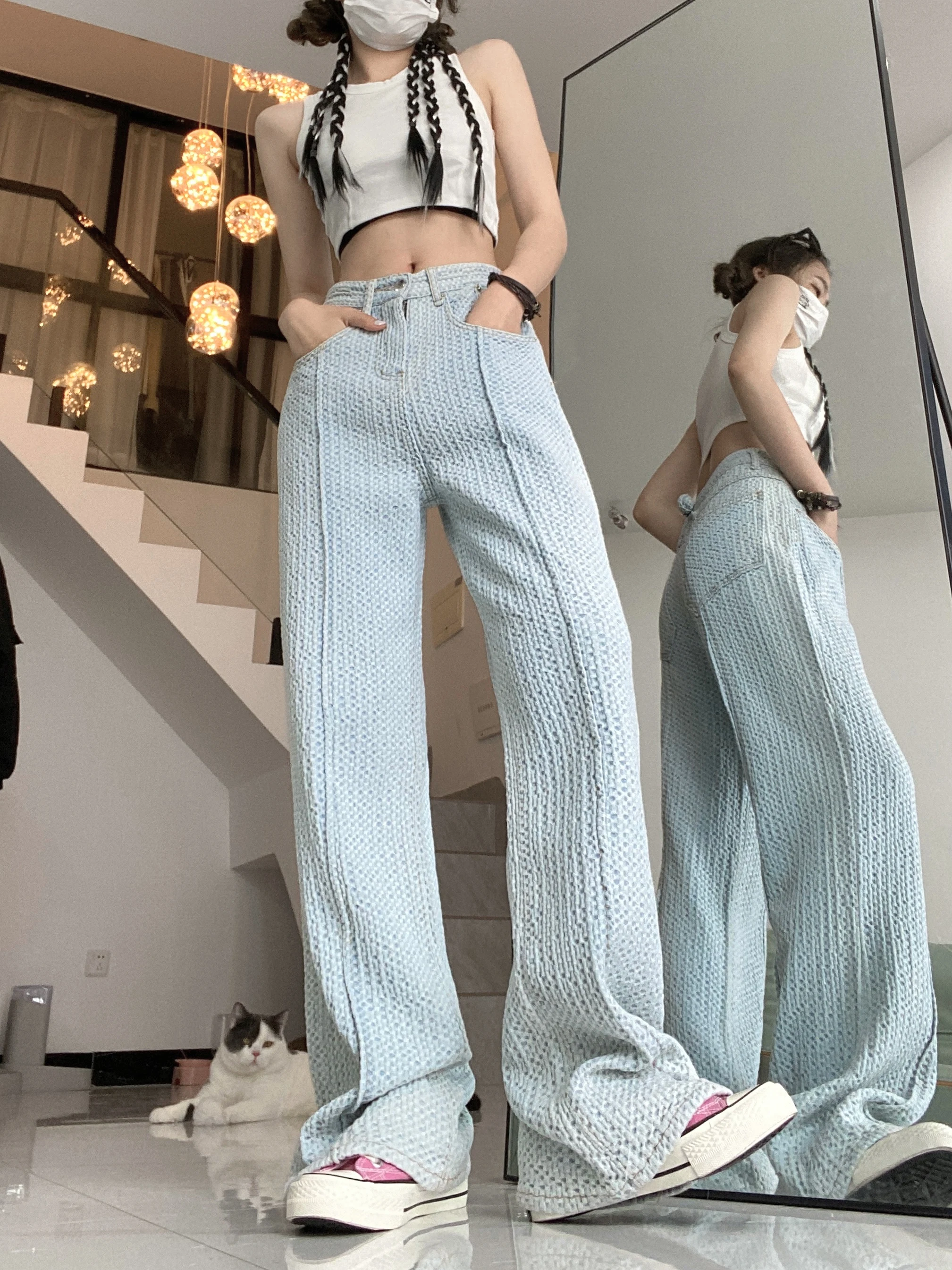 Wholesale of 2023 Spring Blue Straight Tube Loose Texture Jeans with High Waist Thin and Versatile Fashionable Wide Leg Jeans