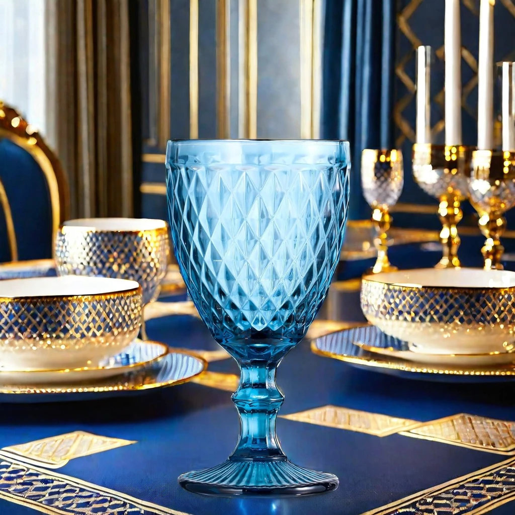 Wholesale Vintage Embossed Blue Wine Goblet Portable Food Grade Glass Water Cup Reusable Glassware Hotel Use Colored Wholesale