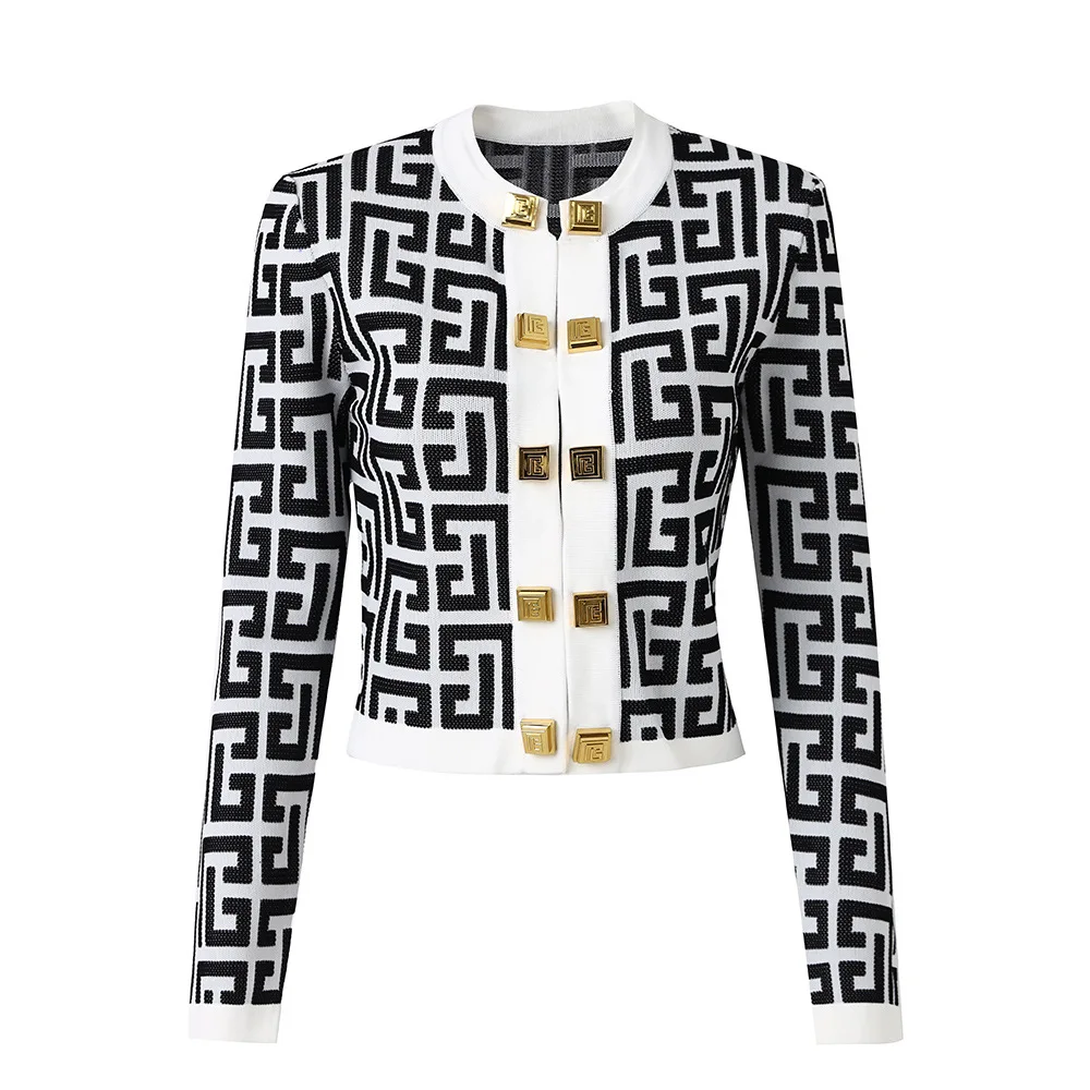 Spring Fashion Jacquard Lady Geometric Pattern Casual Knit Coat Design Souble-breasted O-neckline Long Sleeve Cardigan