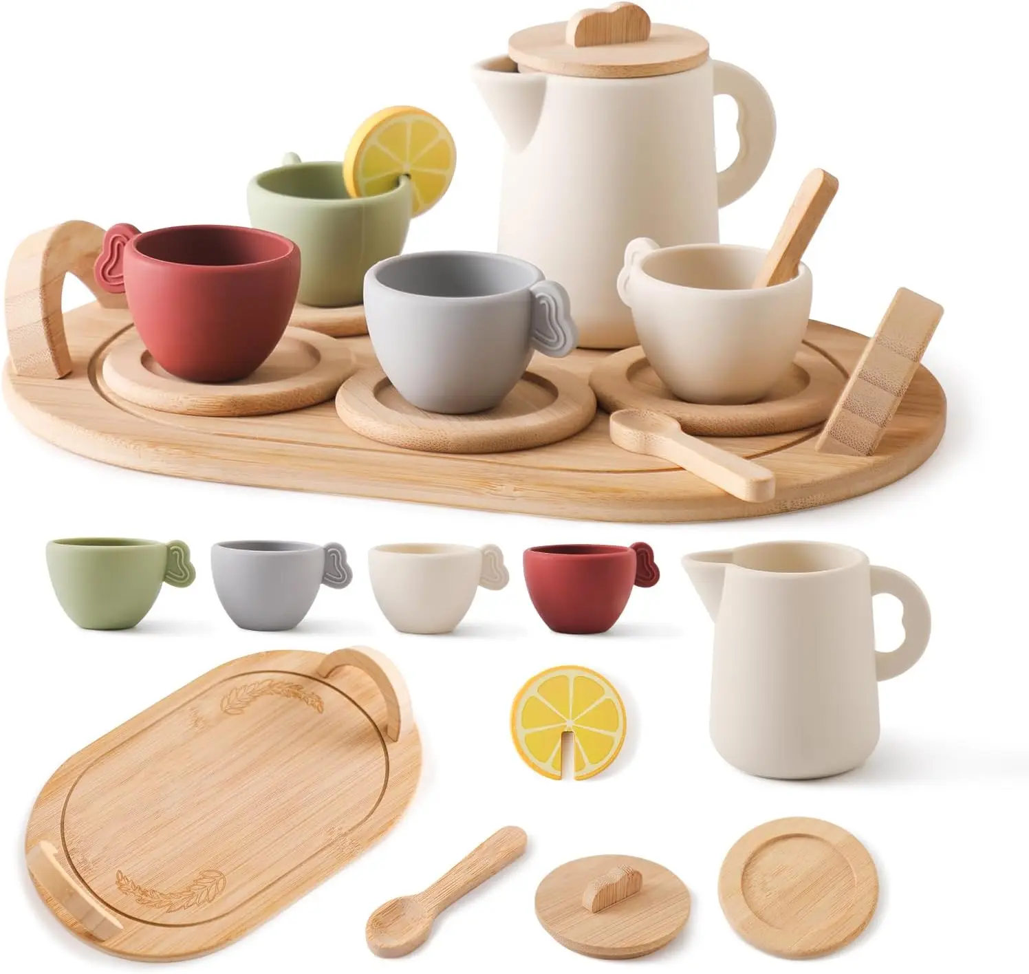 Hot Sale Wooden Kitchen Simulation Afternoon Tea Toy Set Silicone Cups Parent-child Game Role Pretend Play Toys for Kids Toddler