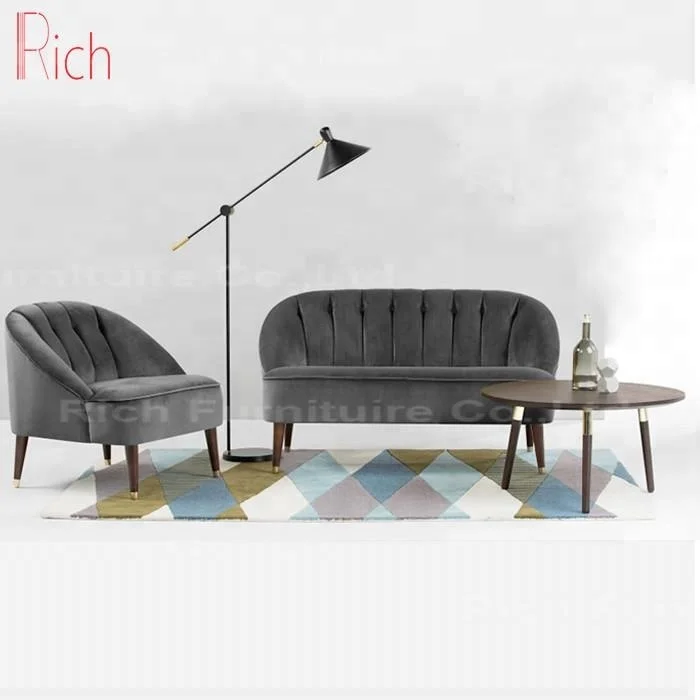 wholesale grey velvet fabric sofa Wooden leg furniture set
