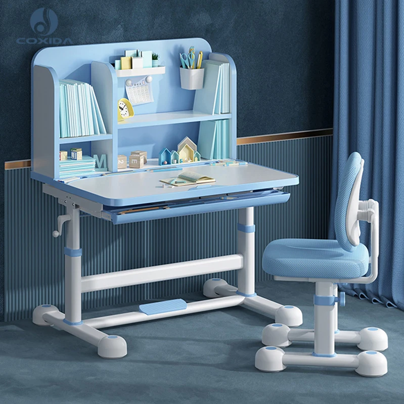 COXIDA Ergonomic Children Height Adjustable Desk And Chair Set With Bookshelf Home Furniture Wood Kids Study Table For Child