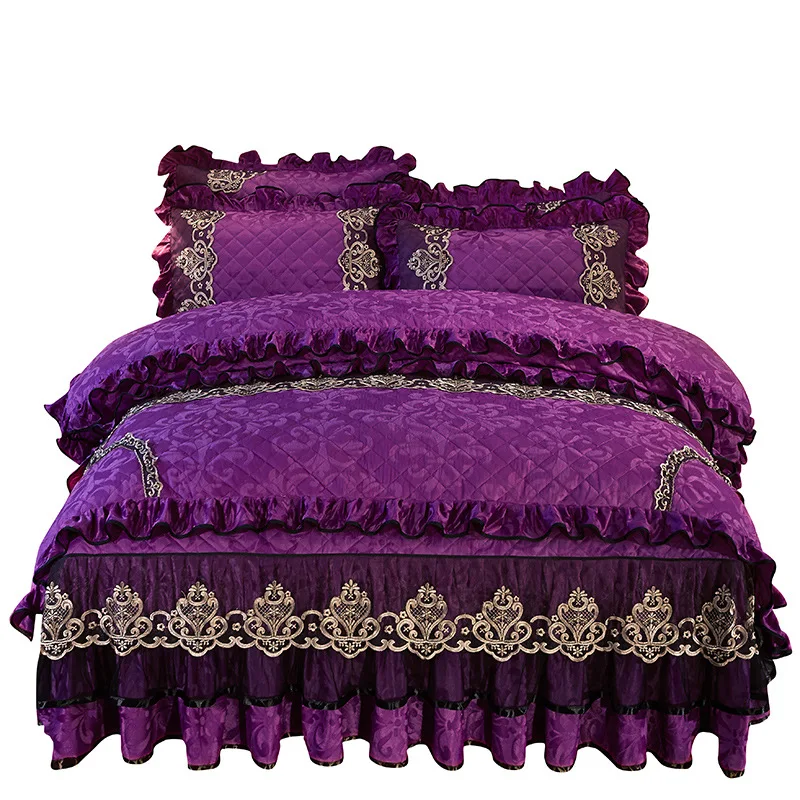 Hotel wedding 100%Cotton luxury modern solid color velvet lace bed duvet cover fitted skirt sheets 4pcs Bedding Bedspread sets