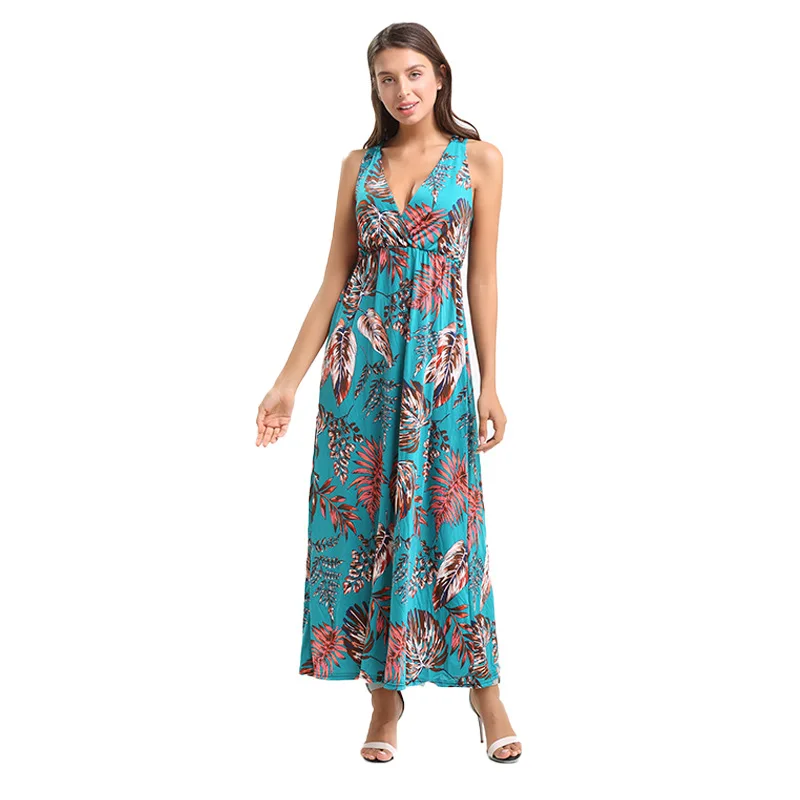 PDEP 2022 new V neck  sleeveless women long maxi dress elegant high waist loose fancy  flower ladies beach bohemian casual dress