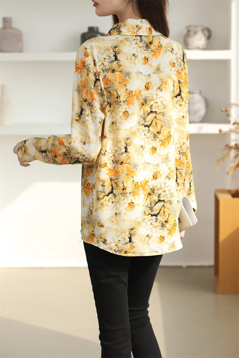New Yellow Floral Printed Chiffon Ladies Shirts Long Sleeve Top Loose Blouse Femme