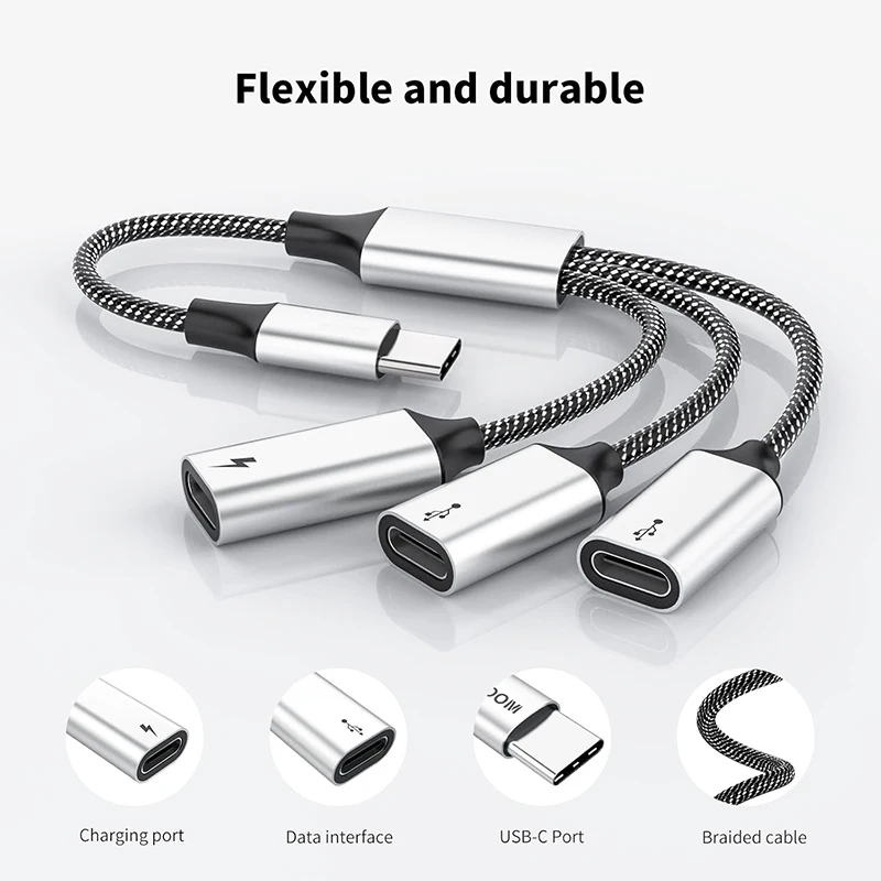Оптовая продажа нейлоновый Плетеный Разветвитель USB C с PD 60 Вт быстрой зарядкой штекер к 3 USB-C удлинитель концентратора OTG конвертер