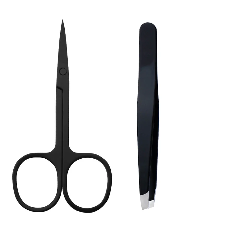 Professional Black Stainless Steel Eyebrow Tweezers Scissors Set With Pvc Bag