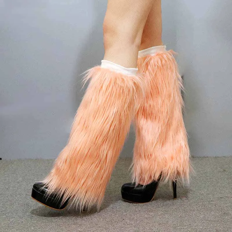Wholesale high knee fuzzy boot sleeves legging fur winter adult women winter faux fur leg warmers