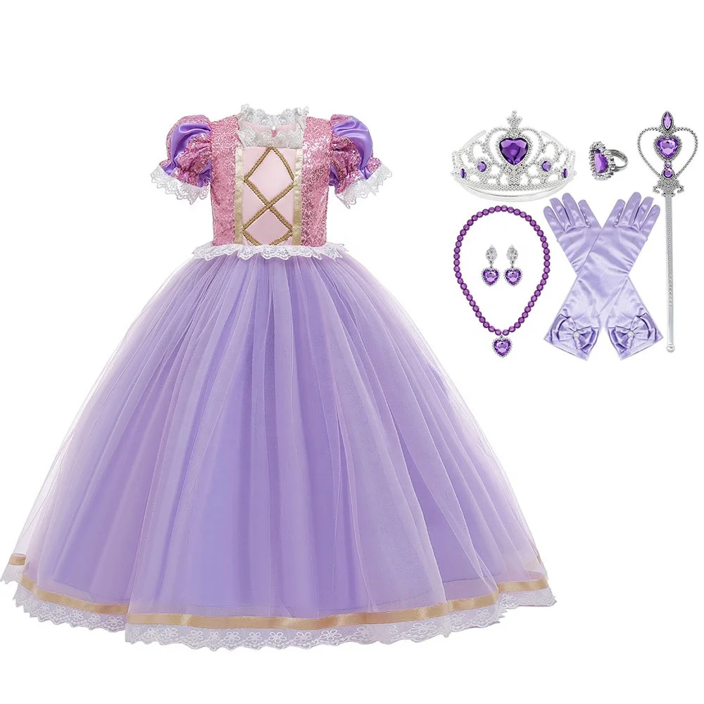 Birthday Party Kids Clothes Sequin Girls Summer Dresses Halloween Cosplay Princess Rapunzel Dress Up Costume