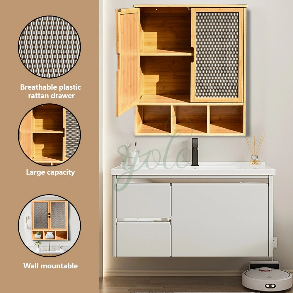 Multifunctional Bamboo Wooden Kitchen Bathroom Rattan Cabinet Side Storage Organizer Freestanding Cupboard Furniture With Door