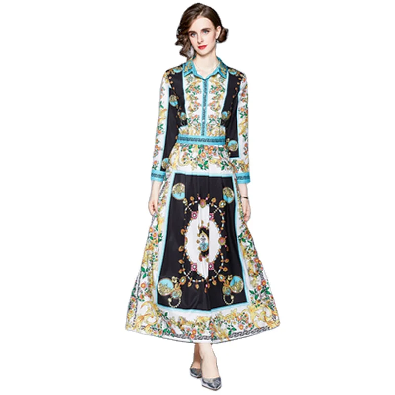 LDY6657075-New European and American fashion big-name positioning printing lapel long-sleeved large-hem long dress
