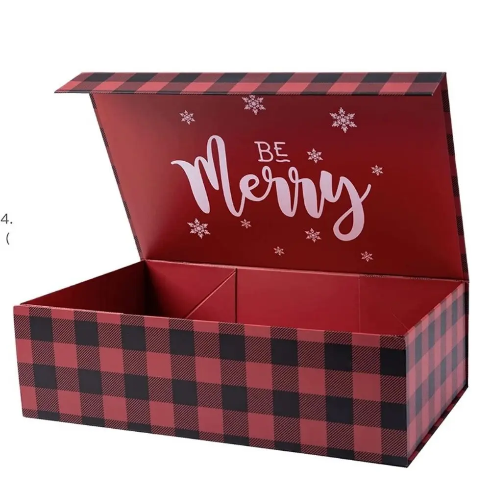 Customizable red merry christmas gift boxes candy cookie wine flat hard paper mailer box crafts packaging