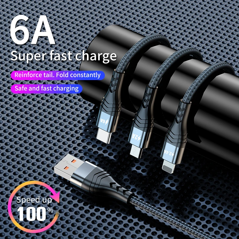 Fast charger USB 2.0 3.0 version Type-C Lightning Micro USB 3 in 1  Support for 66w/65w flash charge Data cable metal usb