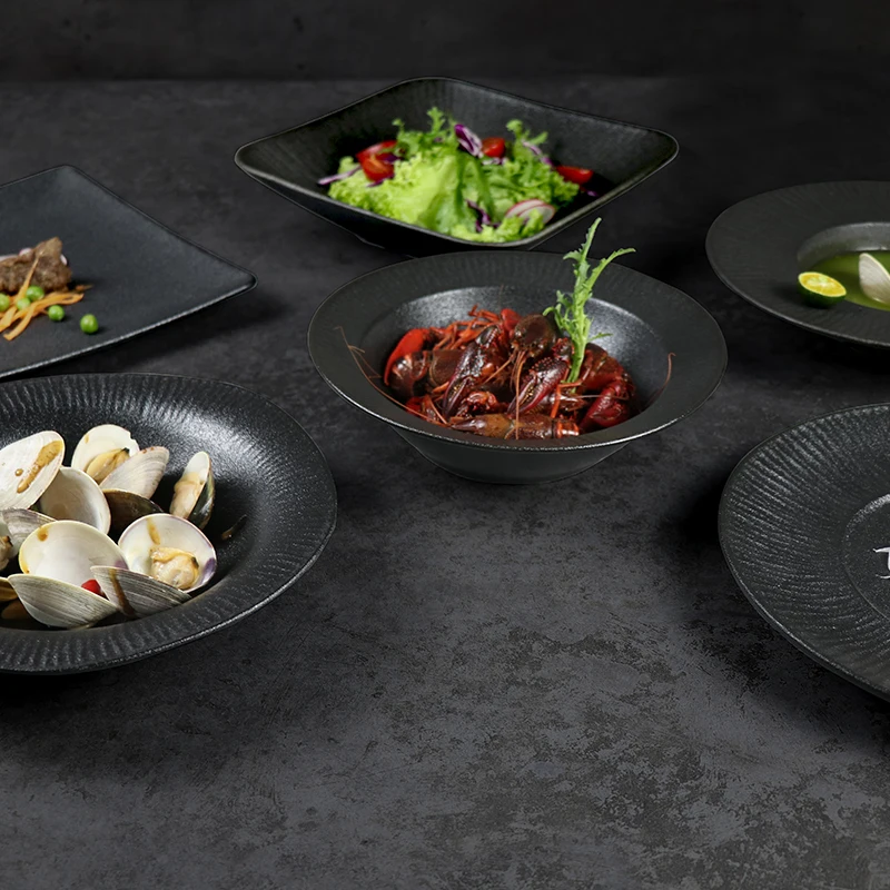 Chaozhou Ceramic Horeca Matte Dinnerware Set Singapore Restaurant Plates Under Glazed Porcelain Tableware Black Dinner Set
