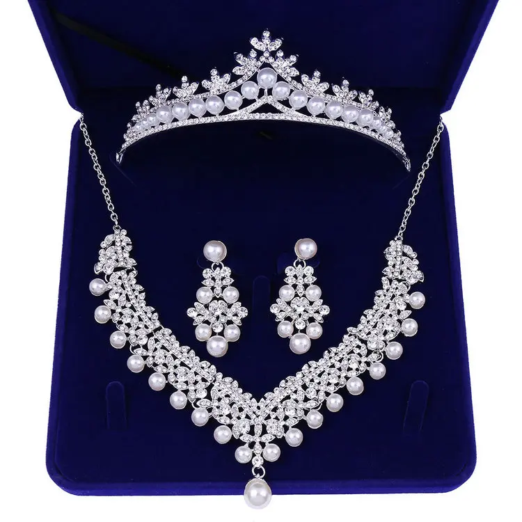 Qushine Pearls Necklace Earrings Bridal Crown Wedding Jewelry Set Princess Crown Birthday Party