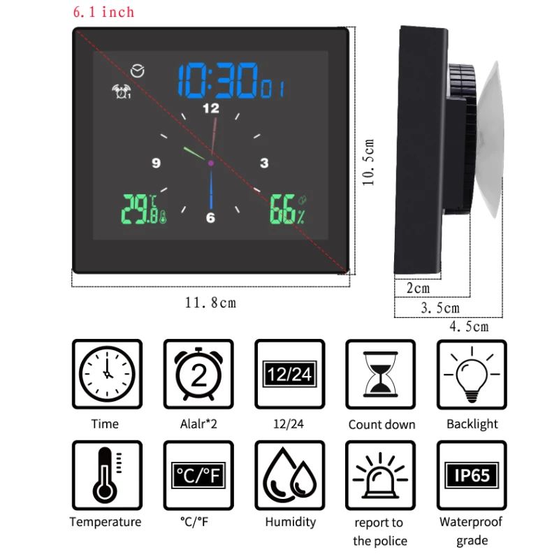 Thermometer Hygrometer IP65 Waterproof Wall Clock Dual Alarms Timer Temp Humidity Meter Countdown Clock Bathroom Digital Clock