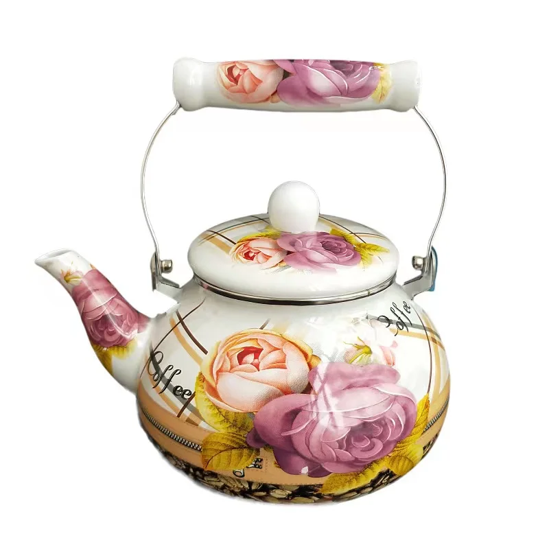 Enamel Tableware  2.5L Enamelled Metal Steel  Blooming flowers Teapot Kettle Pot with ceramic Handle