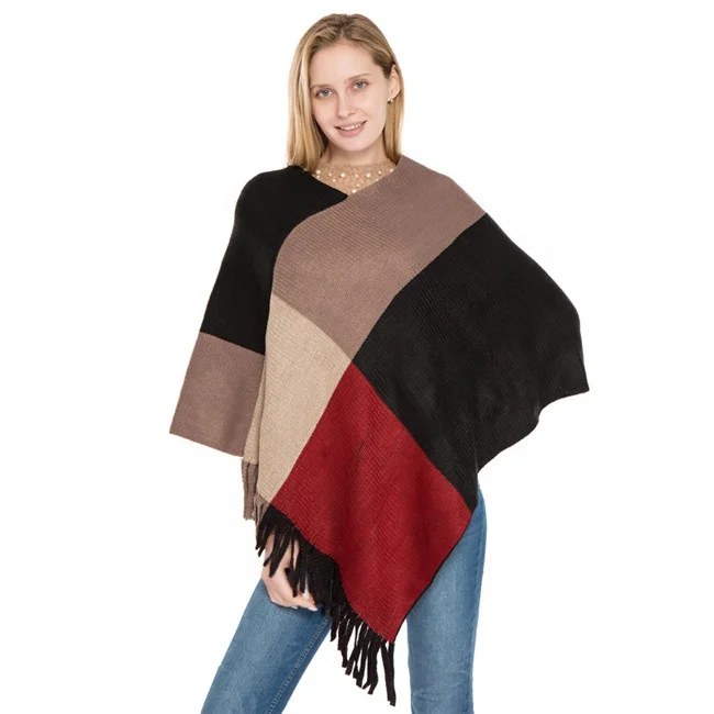 Fashion Plaid Knitted Poncho For Women Autumn Winter Imitation Cashmere Poncho Scarves And Shawls