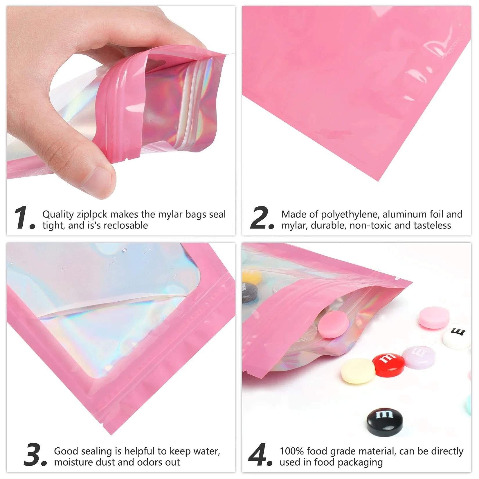 Holographic Waterproof Foil Bag Tear Resistance Smell Proof Resealable Smell Proof Ziplock 3.5 Pink Mylar Bags For Food Storage