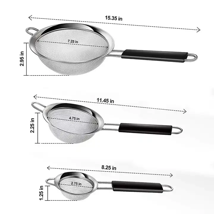 New Home Wire Sieve Sifter Set Of 3 Stainless Steel Colander Fine Mesh Strainers With Insulated Handle For Kitchen Gadgets Tools