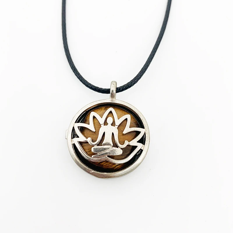 Natural Stone Pendant Round Charm Lotus Ohm Zen Woman Necklace 25 mm Energy Jewelry