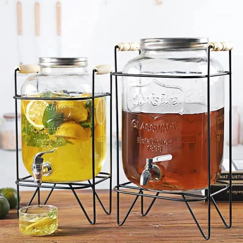 Transparent Glass Cola Barrel Container Cold Drink Juice Barrel Wine Barrel with Faucet Bubble Wine Bottle Jar