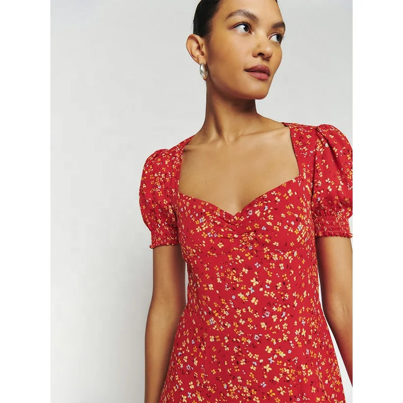 Women Red Floral Print Dress Sweetheart neckline High slit Puff sleeve Ruching on bodice Short sleeve  high side slit midi dress