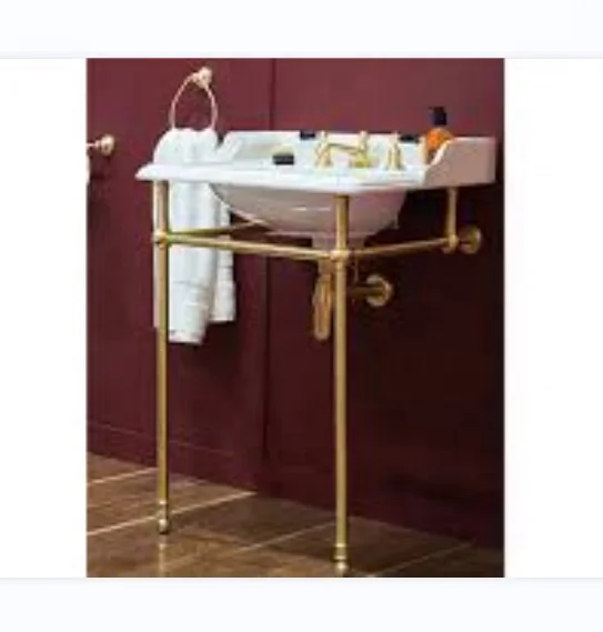 Single Vanity with Brushed Brass Polished Gold Stainless Steel Bracket Match with Snow Mountain White Stone Countertop