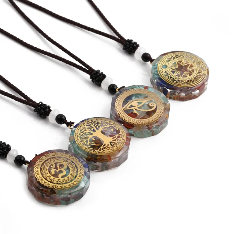 Spiritual Jewelry Natural Selenite Crystal Stone Gold Symbol Seven 7 Chakra Orgone Energy Healing Pendant Necklace