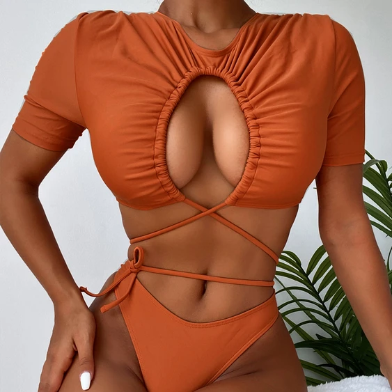 Swimwear supplier pleated drawstring swimsuit two piece crop top short sleeve hollow out sexy bikini