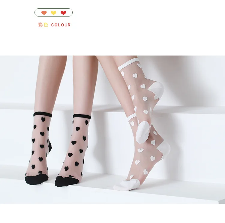 summer fashion love heart black silk sweet lace hosiery ultra-thin women custom design socks no show sock