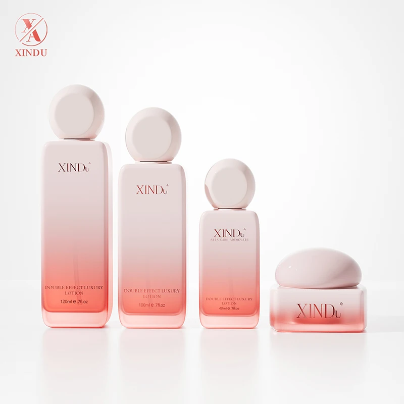 OEM 50g 40ml 100ml 120ml Flat Square Skin Care Packaging Cosmetics Glass Bottle Set Pink Flat Square Cream Bottle And Jars