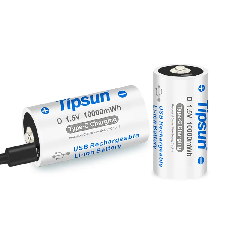 Tipsun USB Rechargeable AA AAA D size 1.5V 6000mWh 9000 mWh 10000mWh USB rechargeable lithium D-type batteries