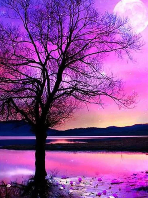 DIY 5d Full Drill  Diamond Painting Purple Sky Night  Moon Tree Flower Diamond Painting for Home Decor