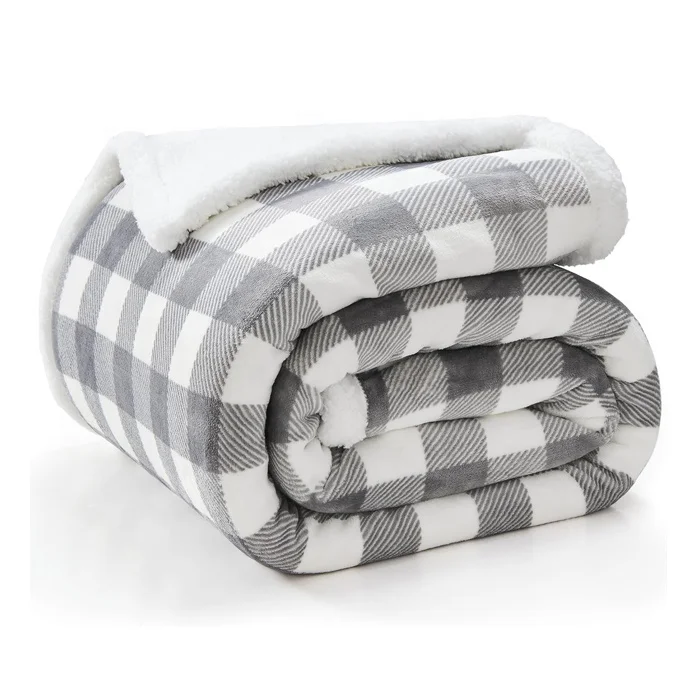 Ultra Soft warm thick double layer custom plaid design sherpa throw blanket for winter