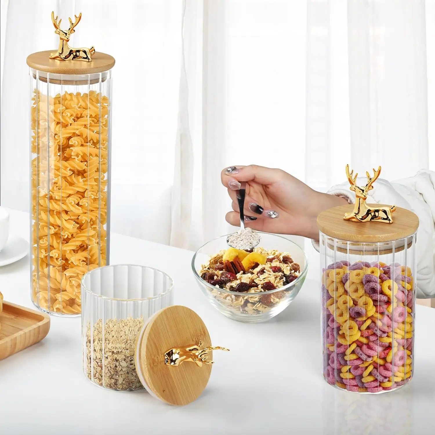 630ml/760ml/950ml/1100ml Kitchen Food Tea Coffee Bar Gold deer Glass Storage Jar With Gold Deer Airtight Bamboo Lid