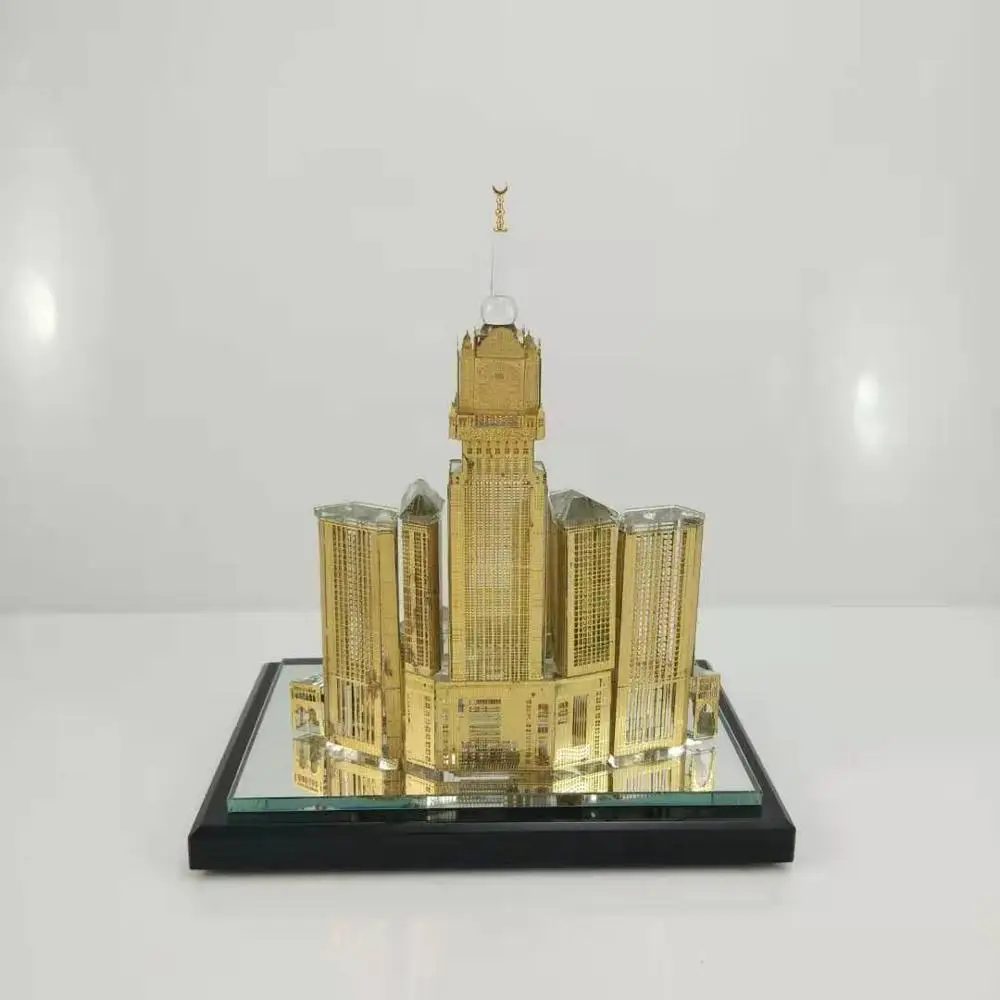 Exquisite design muslim makkah clock tower and mosque set crystal metal building model for sale