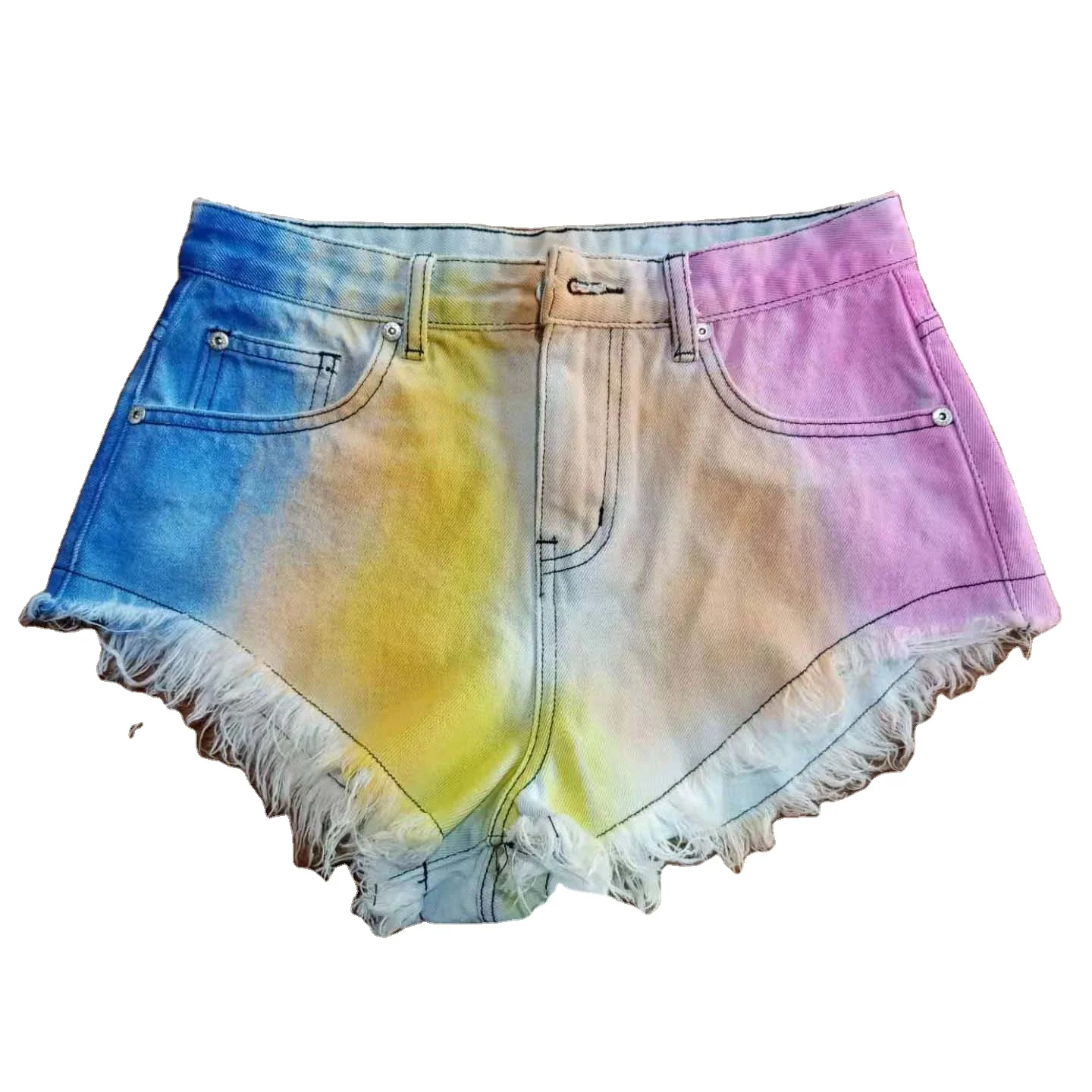 
Colorblock Paper Fringed Paint Brush Jeans Shorts Womens High Waist Straight Jeans Tie dye Denim Hot Pants 