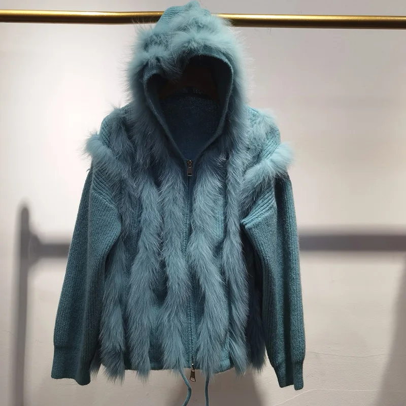 Women Autumn Real Fox Fur Trim Knitted Hooded Cardigans Female Long Sleeve Loose Sweater With Hood Plus Size Open Stitch