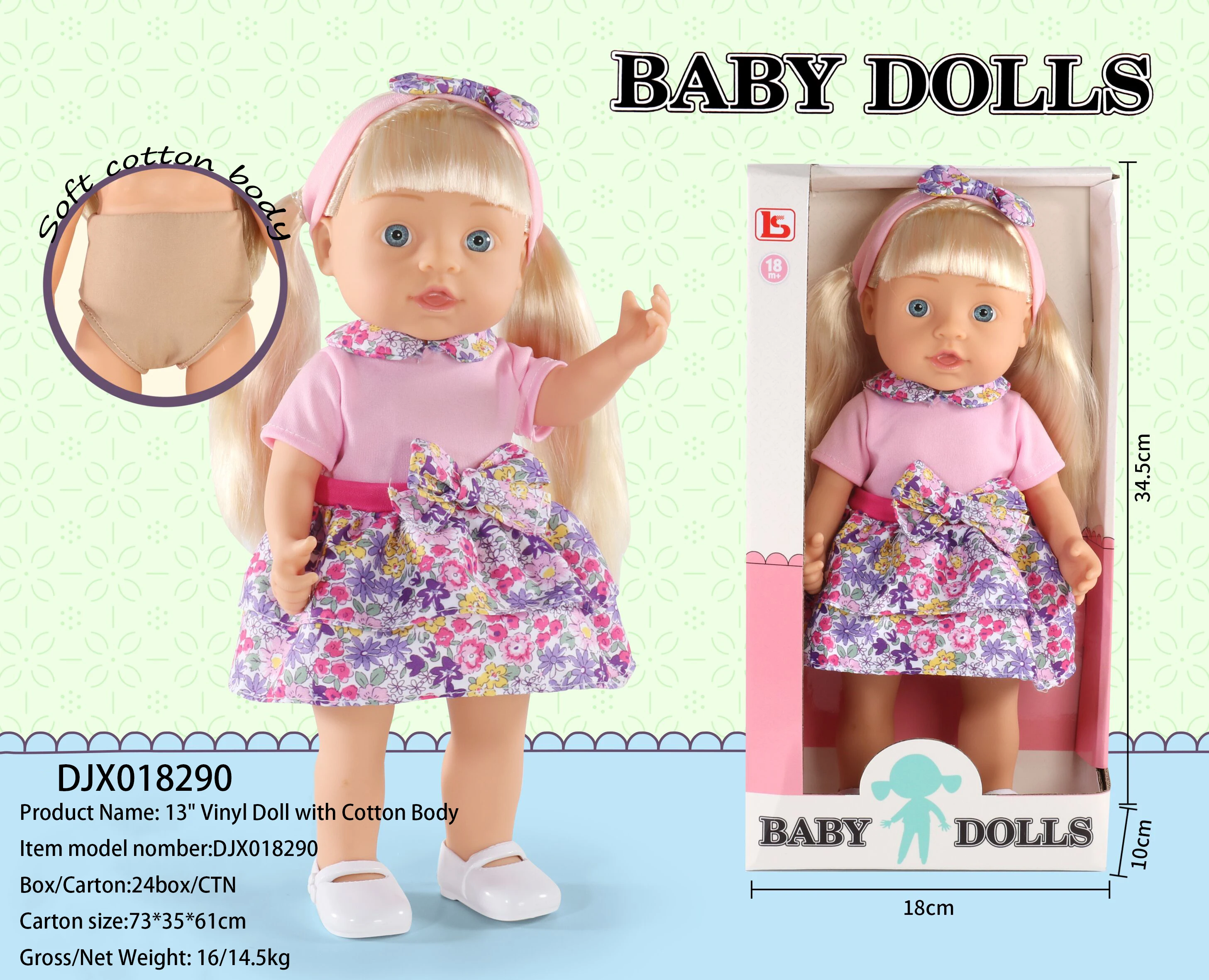 13 Inch Vinyl Baby Doll with Cotton Body for Girl Interactive Accompany Doll for Kids