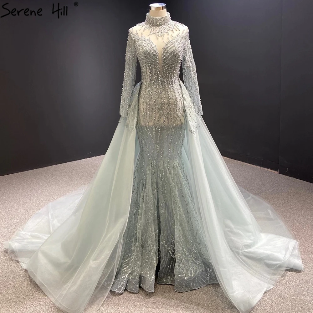 Muslim Over Skirt Mermaid Wedding Dress 2022 Serene Hill HM67140 High Neck Long Sleeve Luxury Women Suits Bridal Gowns