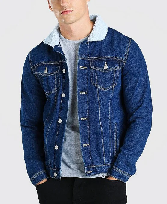 Wholesale high quality cotton casual streetwear riding winter coats regular denim jeans jacket with borg collar