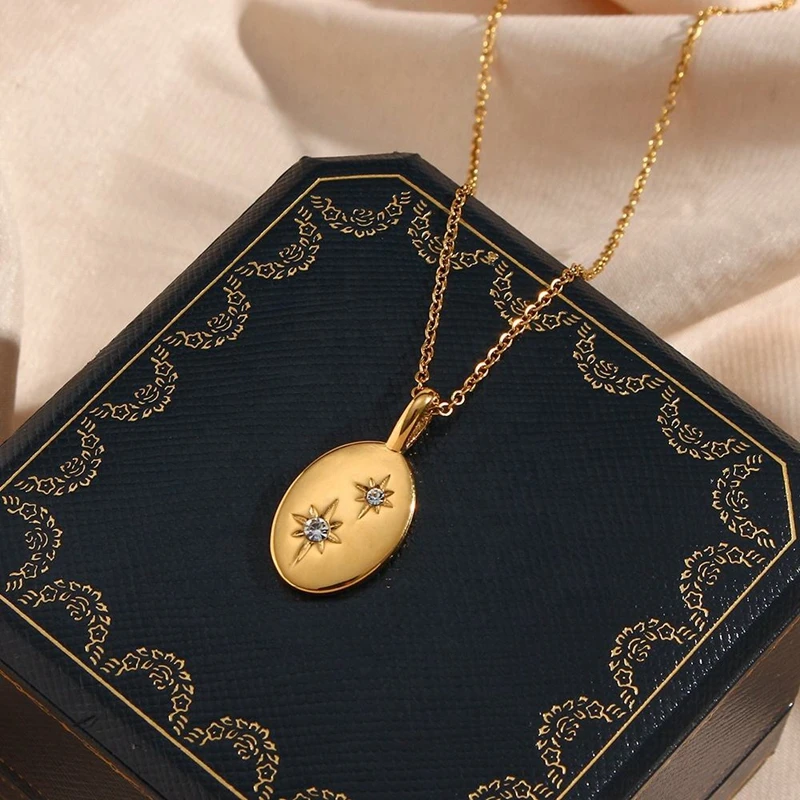 China OEM Simple Style Oval Octagonal Star Zirconia Pendant Stainless Steel Necklace Gold Plated