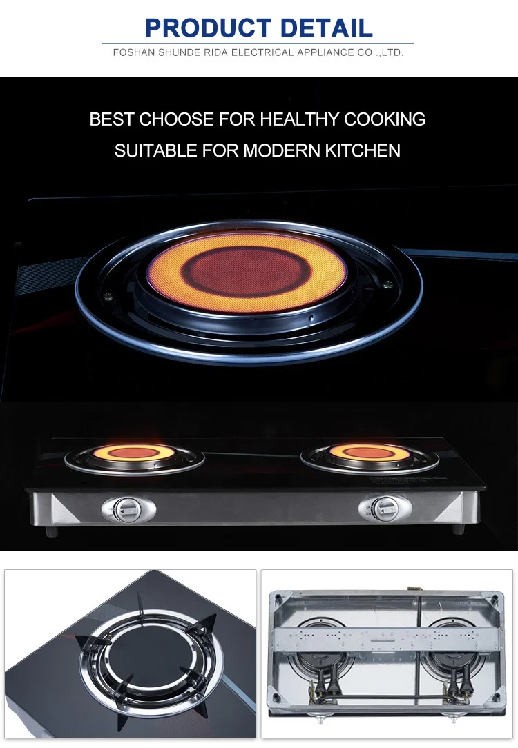Thin linear print popular black new design commercial 2 burner glass top gas stove