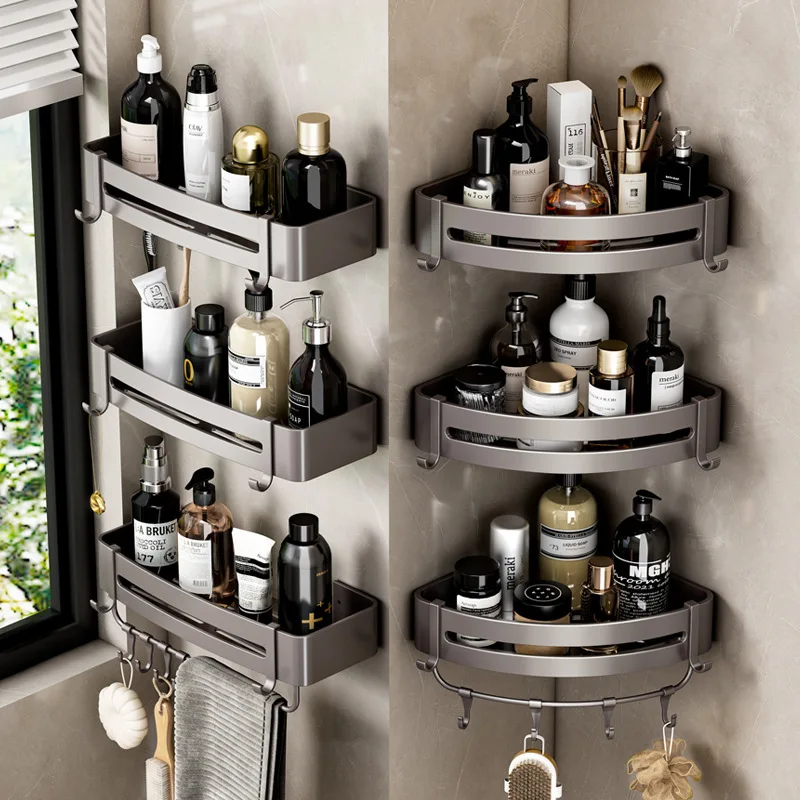 Wall mounted Aluminium bathroom organizer corner rack shelves with hooks shower basket towel rack shelf for bathroom bedrooms
