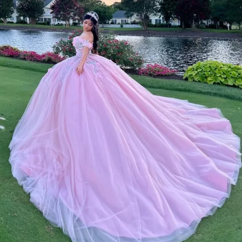 Mumuleo Pink Princess Quinceanera Dresses Off Shoulder Lace Appliques 3DFlower Ball Gown Sweetheart Vestido De 15 Anos