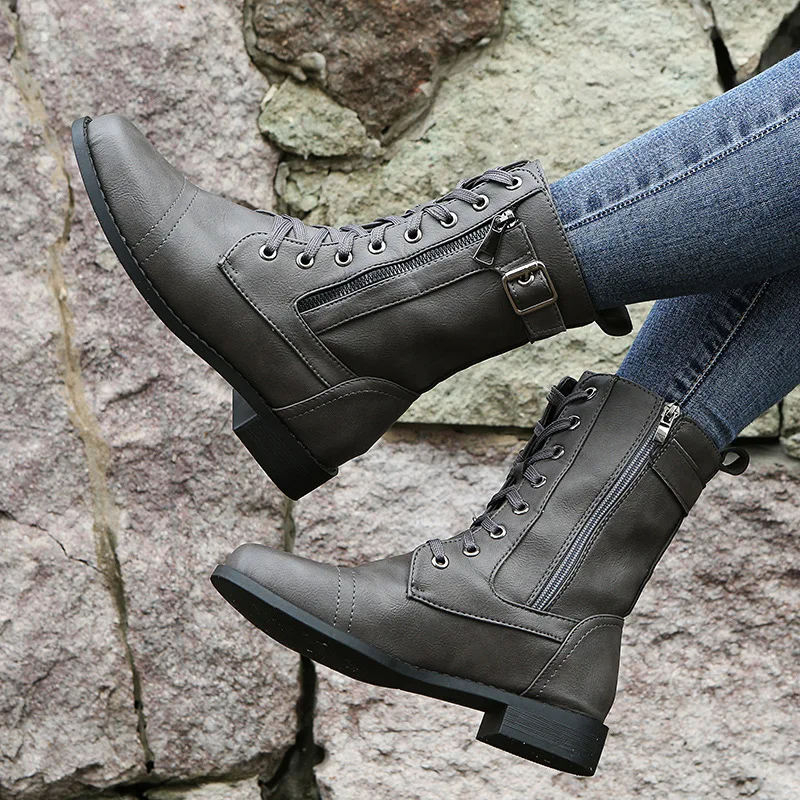 Fashion Trend 2021 Ladies Winter Lace-up PU Shoes Women Flat Leather Boots