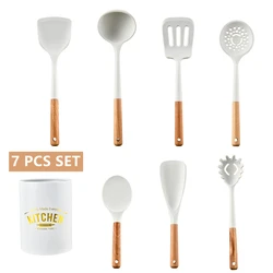 Kingwise 7/8/9/12 pieces kitchen silicon cooking spoons utensils set with holder wooden handle kitchen silicone utensil set