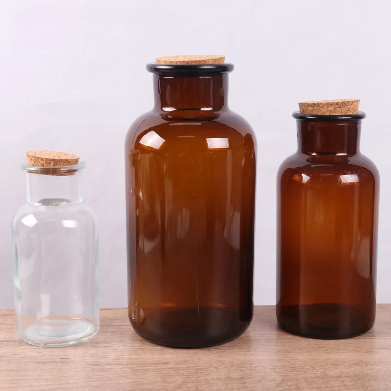 Food Storage Container Brown Apothecary Jar 60ml 125ml 250ml 500ml 1000ml Amber Glass Wide Mouth Reagent Bottle with Wooden Cork