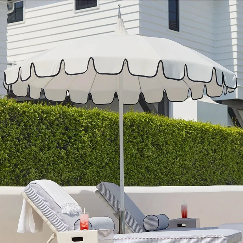 Glamping restaurant garden outdoor parasol umbrella stripe sun parasol commercial beach umbrella with fringe